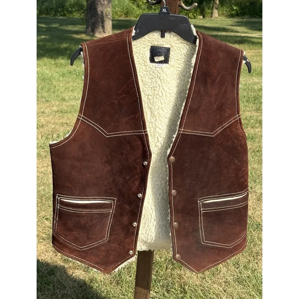 Vintage Genuine Leather Suede Shearling Lined Western Vest Tan Medium 40 Ranch